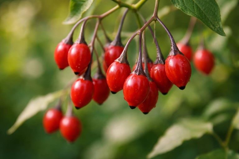 baies-morelle-rouges-luisantes-feuilles-vertes