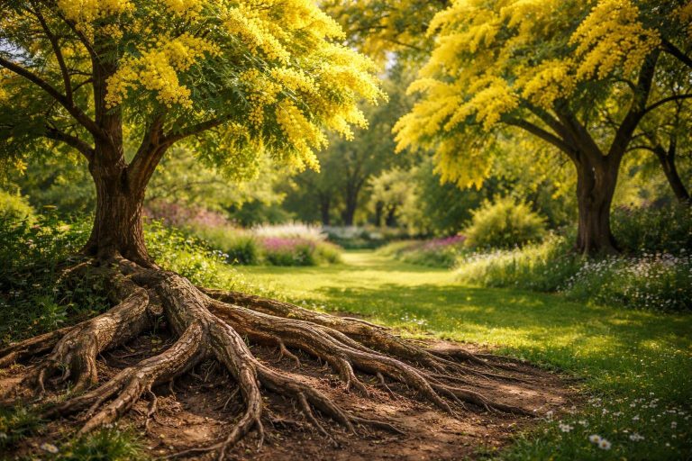 jardin-ensoleille-mimosas-racines-sinueuses