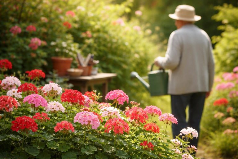 jardin-verdoyant-geraniums-personne-arrosoir