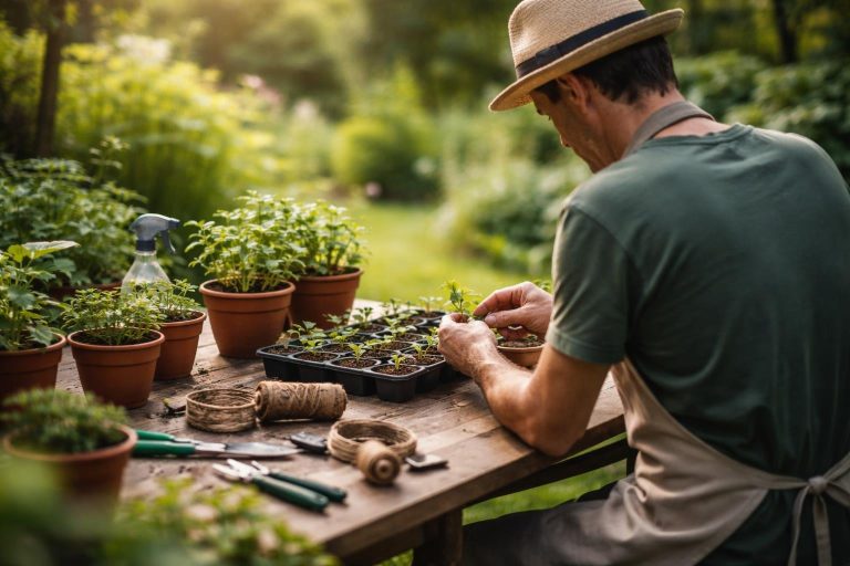 jardinier-bouture-table-bois-plantes