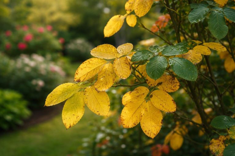 rosier-feuilles-jaunes-jardin-flou