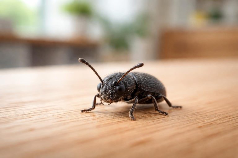 insecte-noir-surface-bois-flou