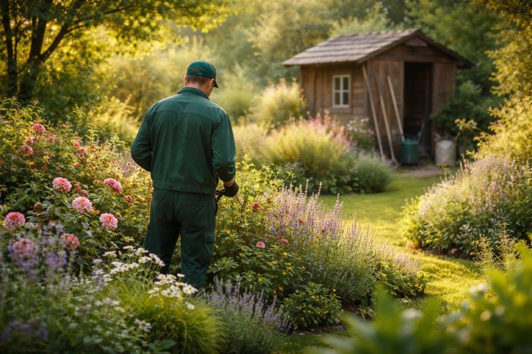 jardinier-tenue-verte-fleurs-arbustes