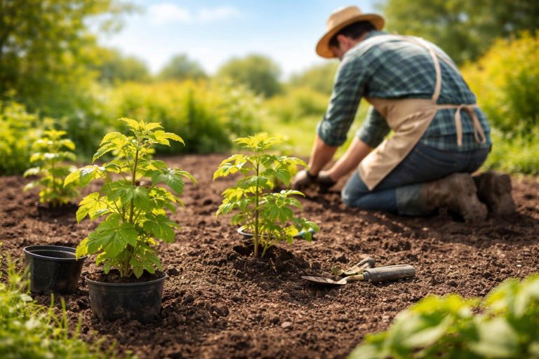 jardinier-plantant-framboisiers-jardin-ensoleille